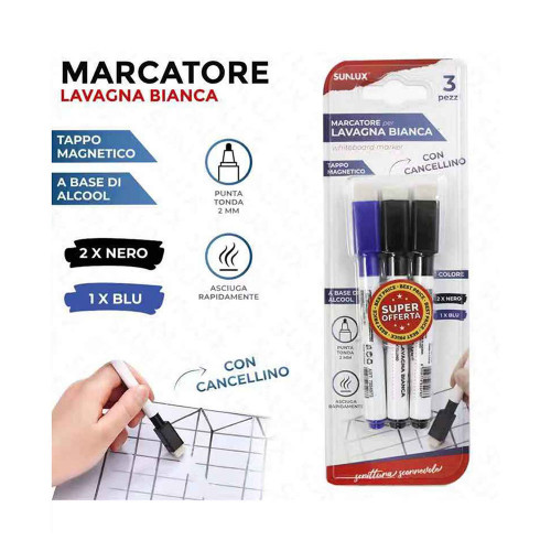 SUNLUX, pennarelli per lavagna 2 neri 1 blu