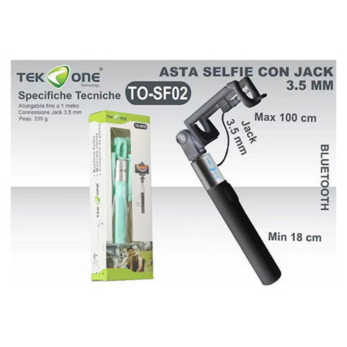 TEKONE, bastone per selfie nero con jack 3,5 mm