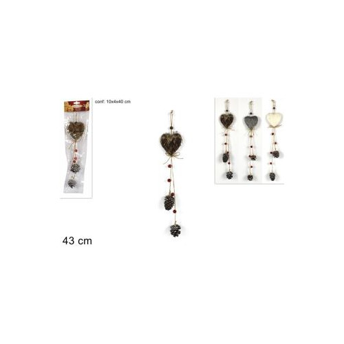 APPENDINO IN LEGNO CON CUORE E PIGNE 43 CM